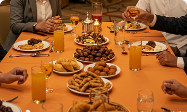 No matter the size of your event, we cater to both intimate family gatherings and large-scale corporate Iftars, providing a seamless, refined dining experience. 